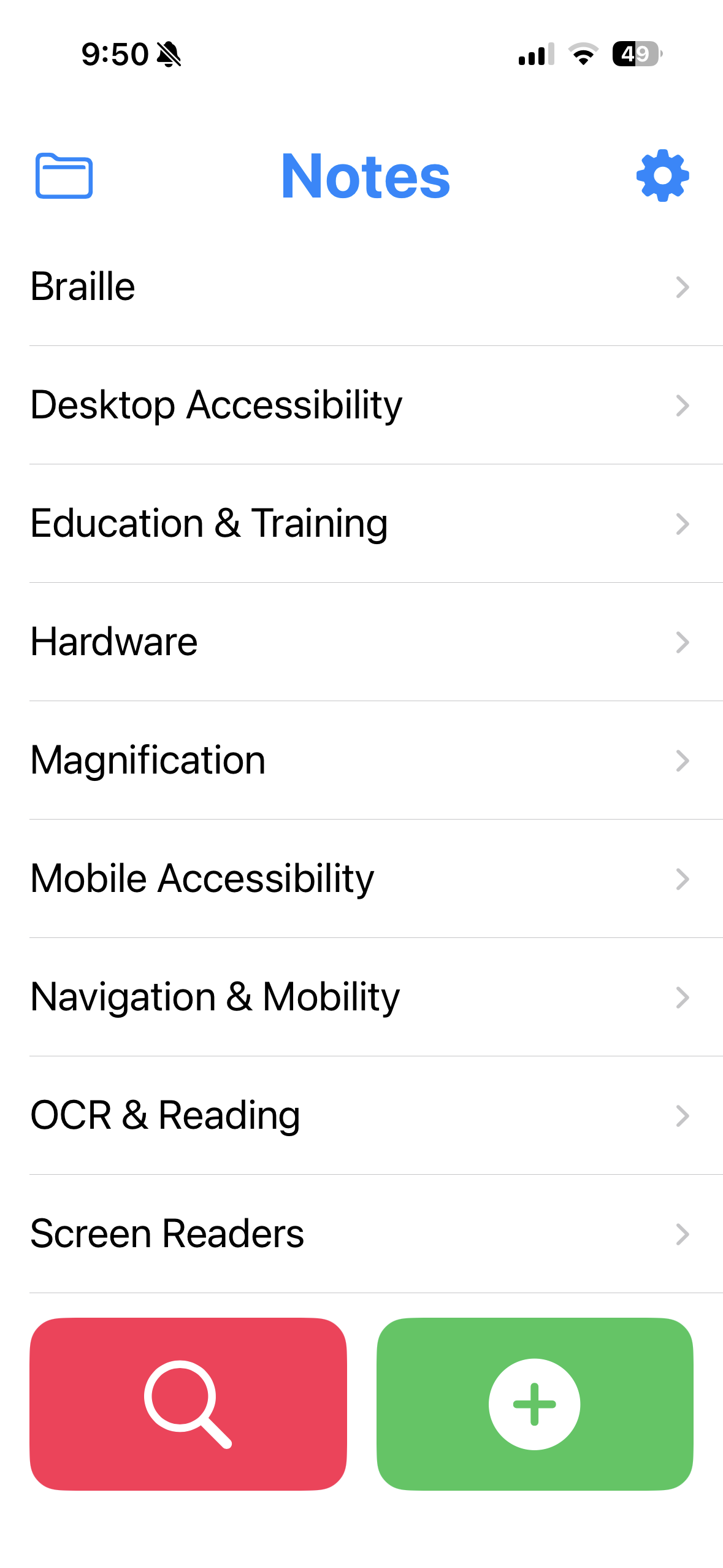 A screenshot of the EchoMinds app showing notes on various access technology